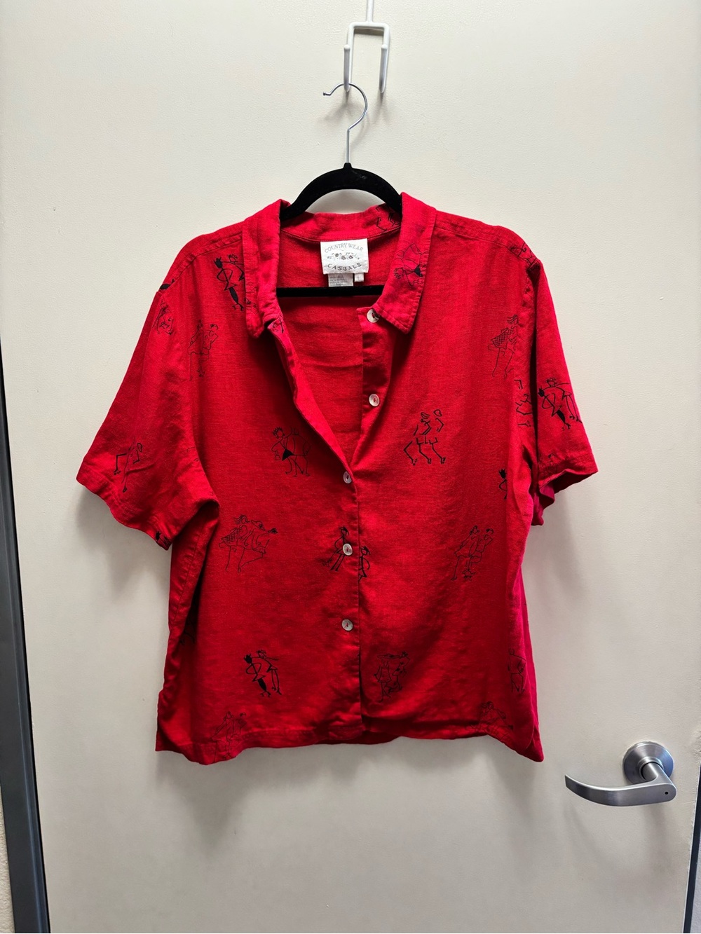 Vintage Linen Blend Red Short-Sleeve Button Front Top size L